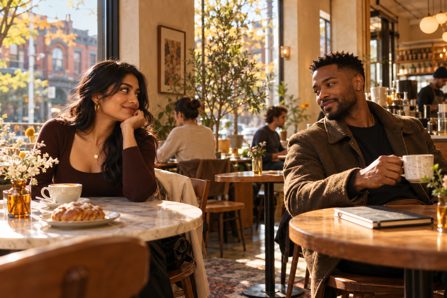 Two adults enjoying a conversation over coffee